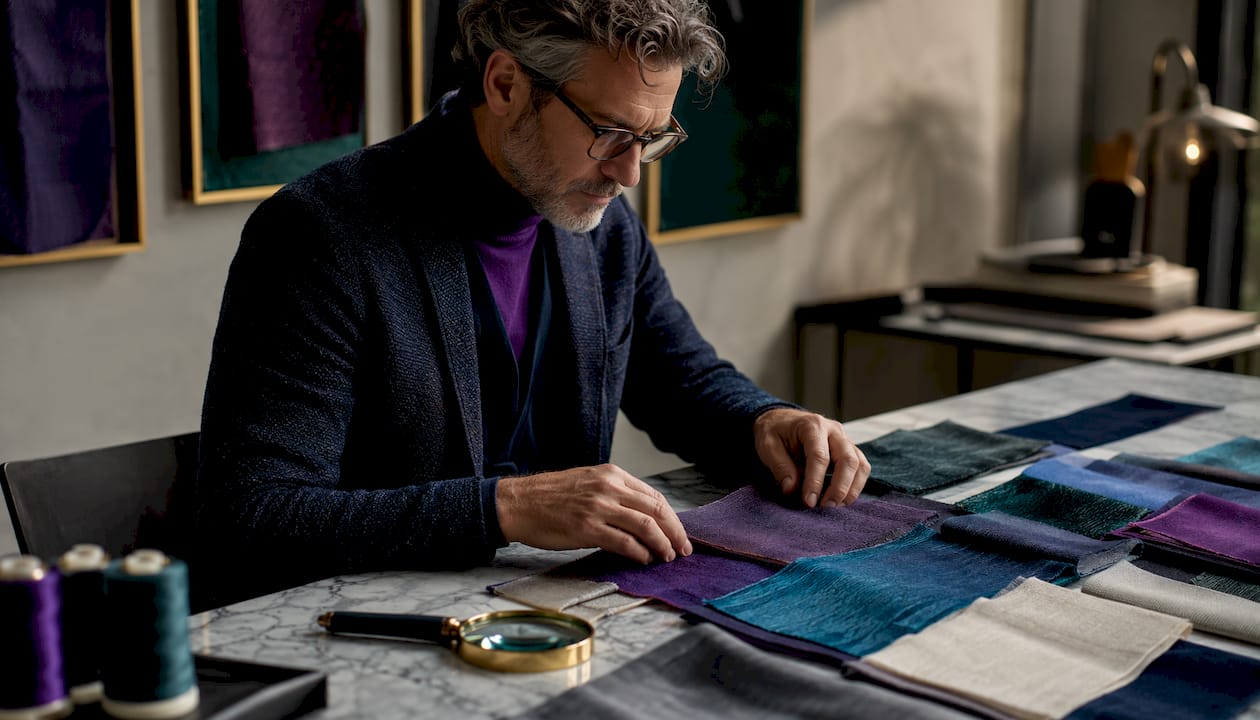 Textile expert reviewing fabric types for UV protection