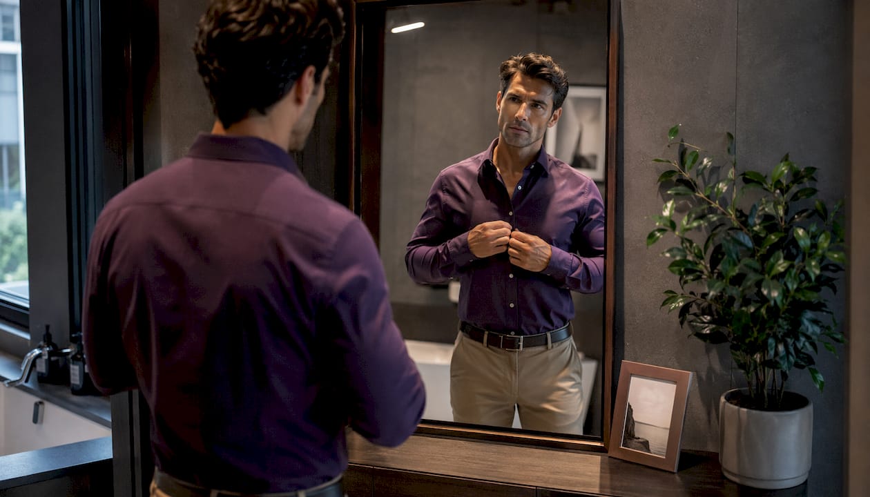 Man checking fit of casual shirt in mirror