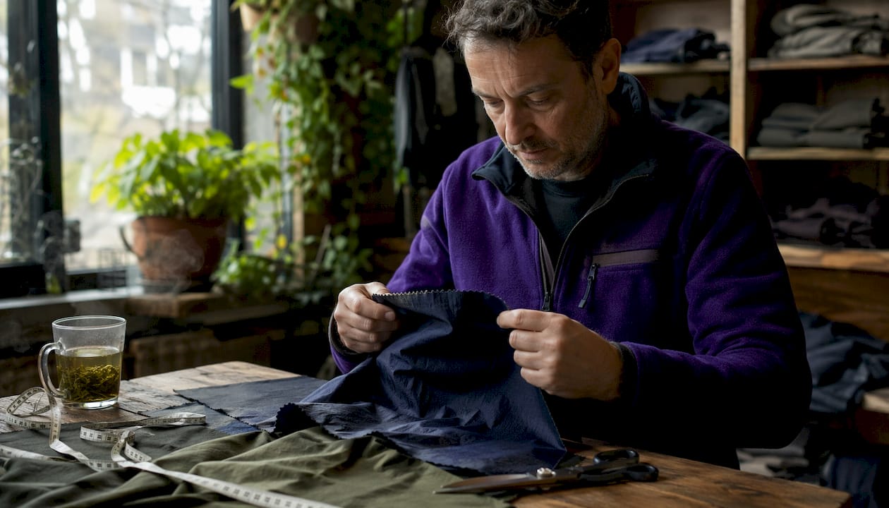Hands inspecting windproof training jacket fabric