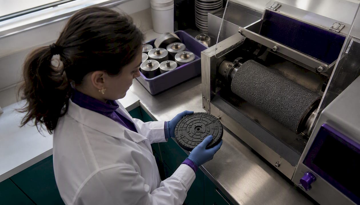 Lab technician testing rubber outsole sample durability