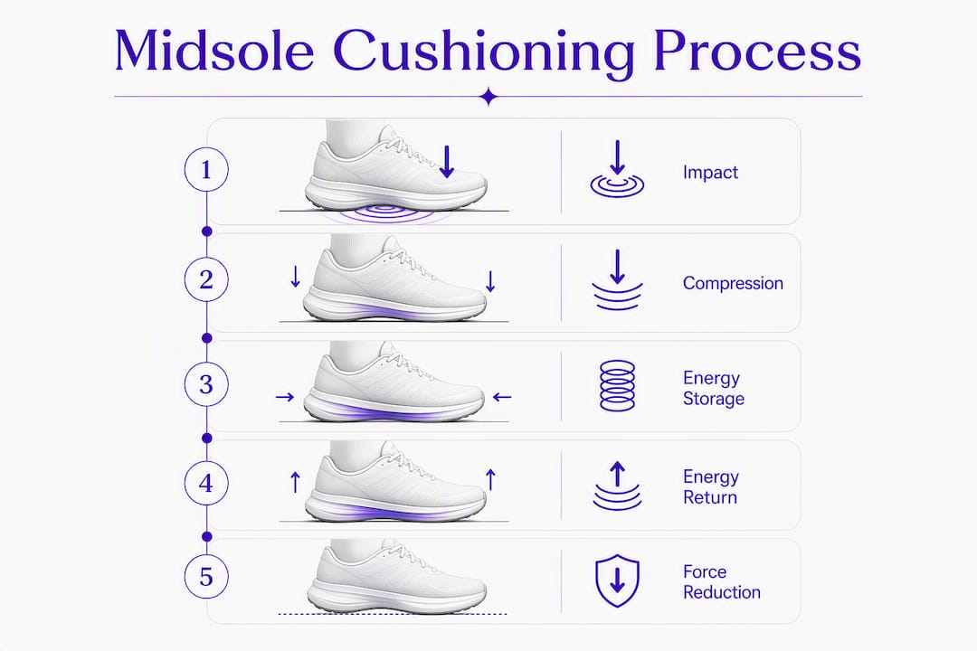 Infographic illustrating steps of midsole cushioning process