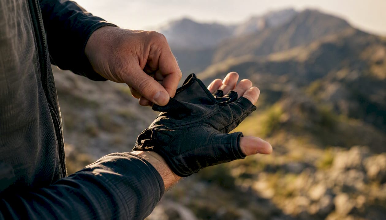 Hands flipping back convertible workout gloves