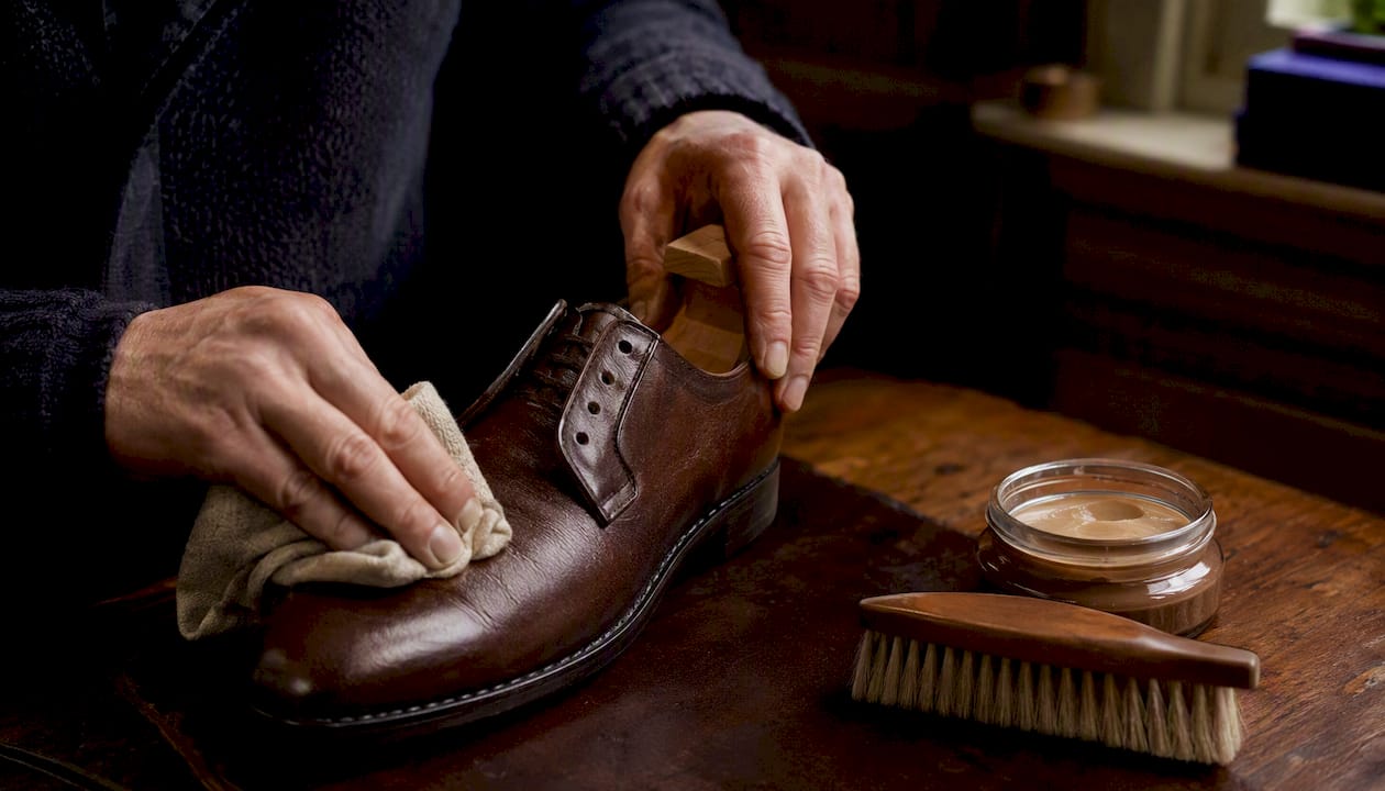 Hands polishing leather shoes close-up