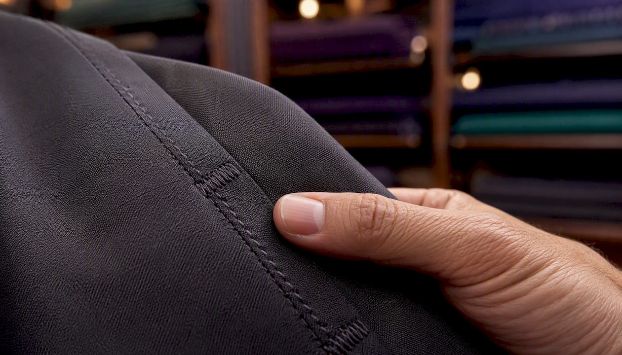 Man feeling fabric seam stitching
