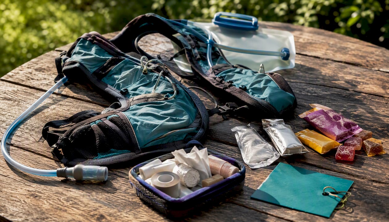 Running vest and hydration gear laid out