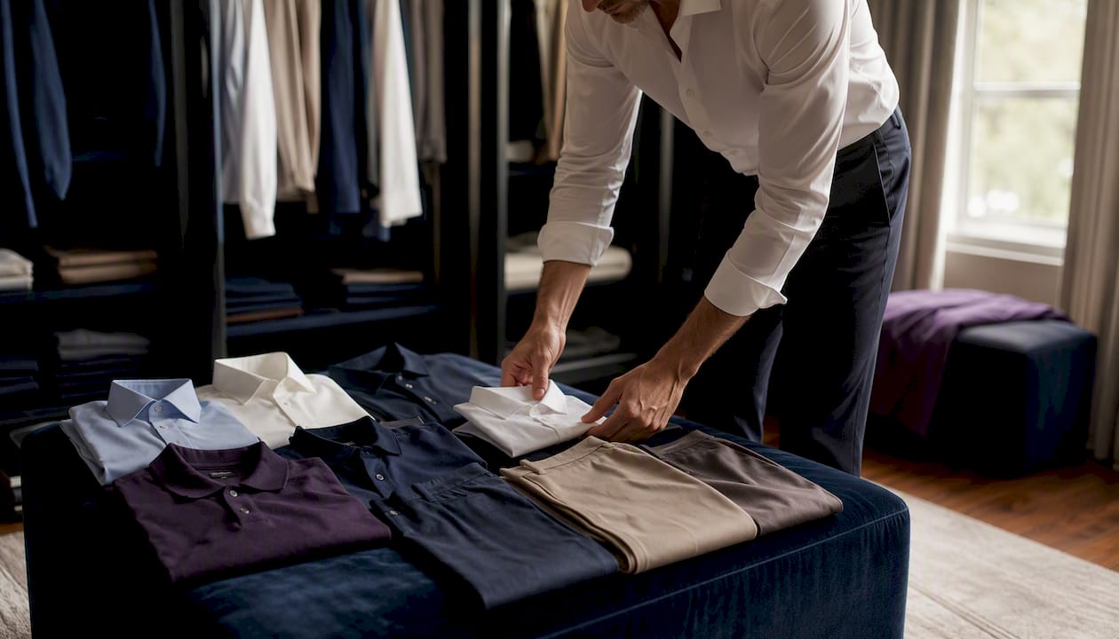 Hands sorting professional clothes on bed