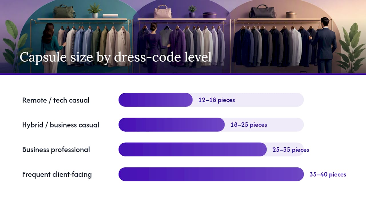 Capsule wardrobe size comparison by dress-code level