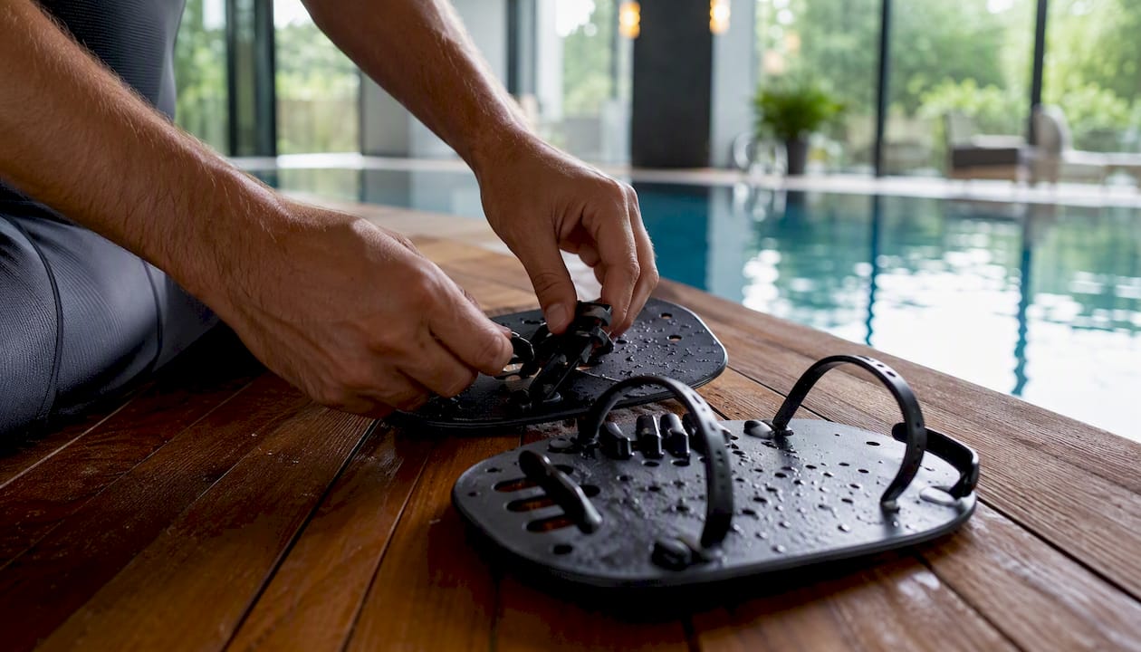 Hands sizing swim hand paddles at pool edge