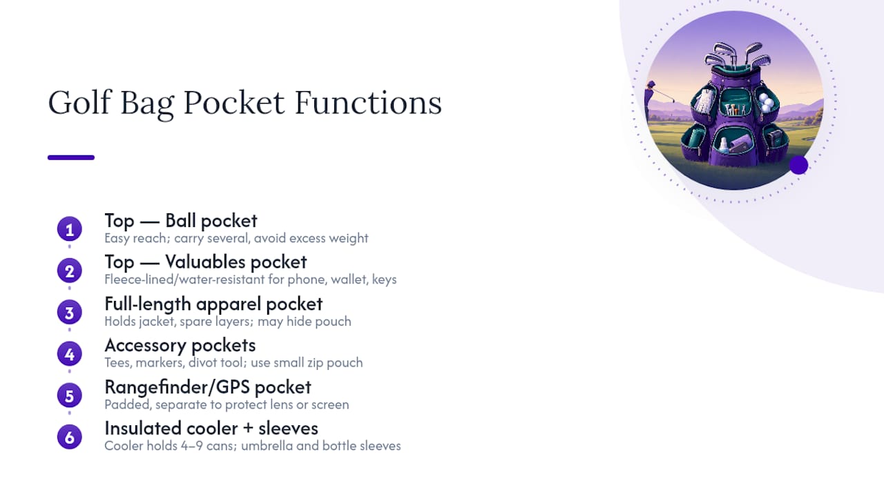 Diagram of golf bag pockets and their functions