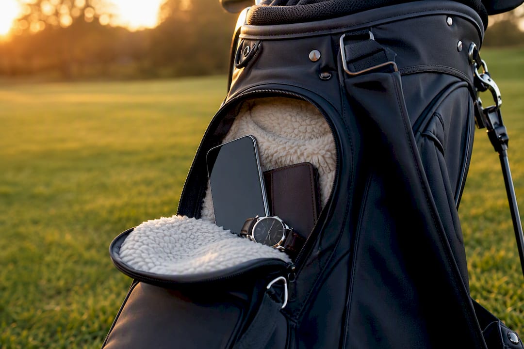 Fleece-lined pocket with valuables in golf bag