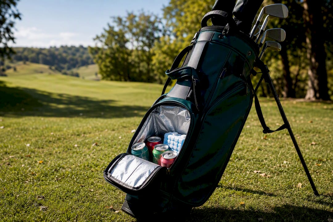Golf bag cooler pocket filled with drinks