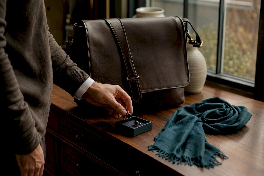 Close-up of hand swapping cufflinks with bag and scarf