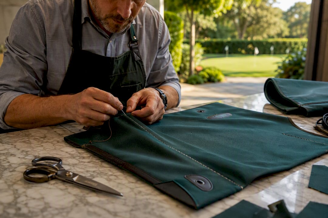 Hands welding seam on golf bag fabric
