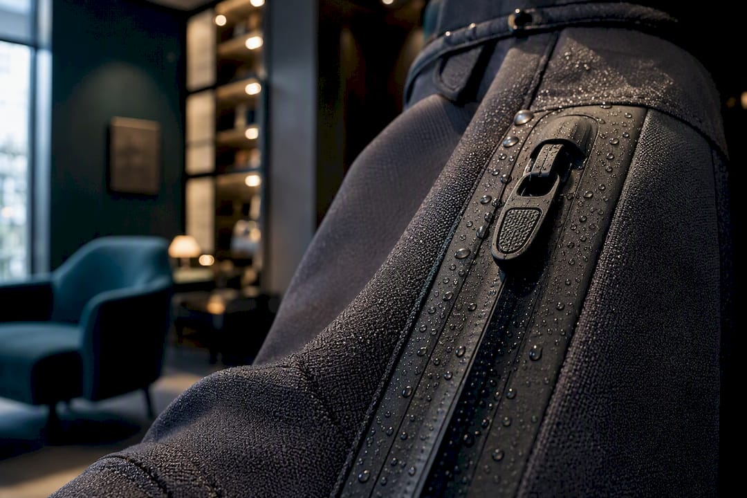 Close-up of waterproof zipper on golf bag