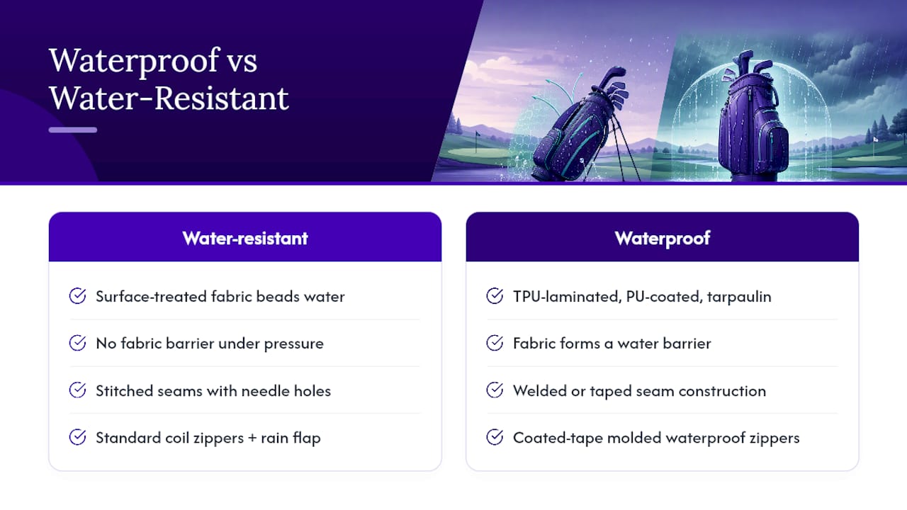 Diagram comparing waterproof and water-resistant golf bag features