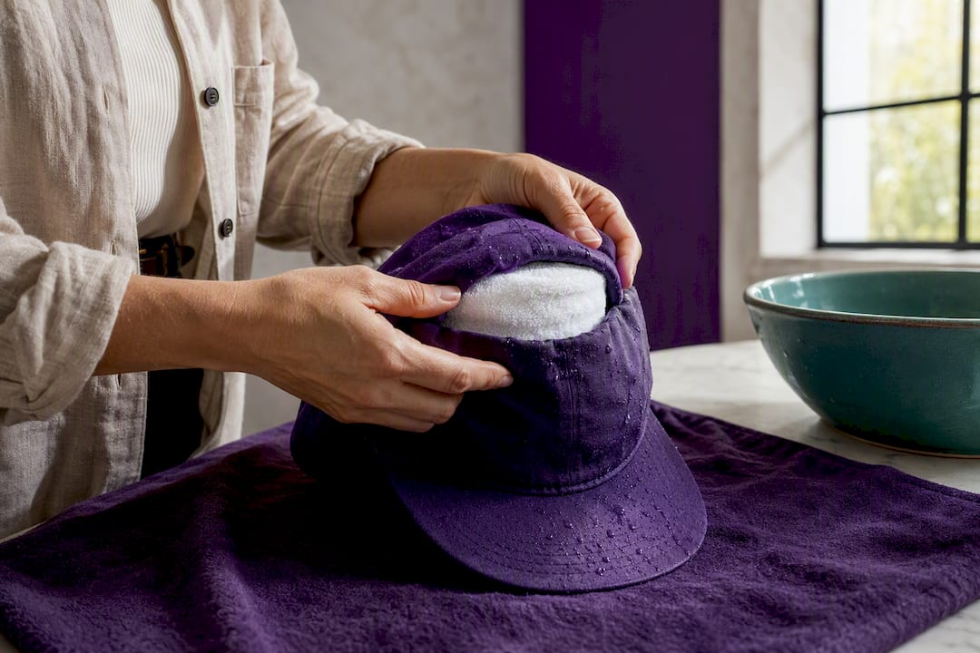 Hands reshaping a damp hat around form