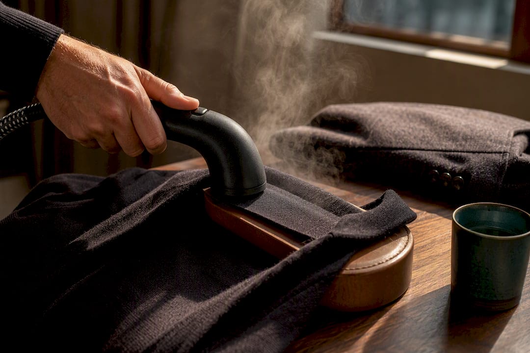Hand steaming polo collar before wearing blazer