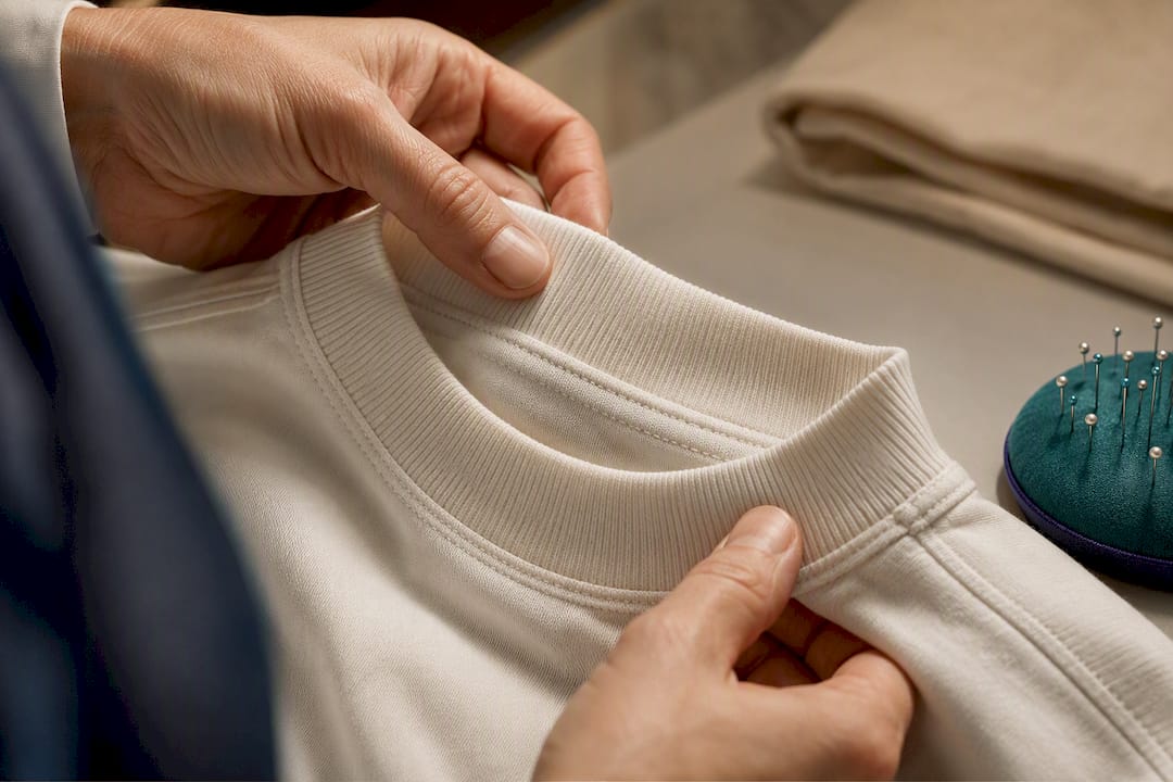 Ribbed neckline binding and shoulder seam