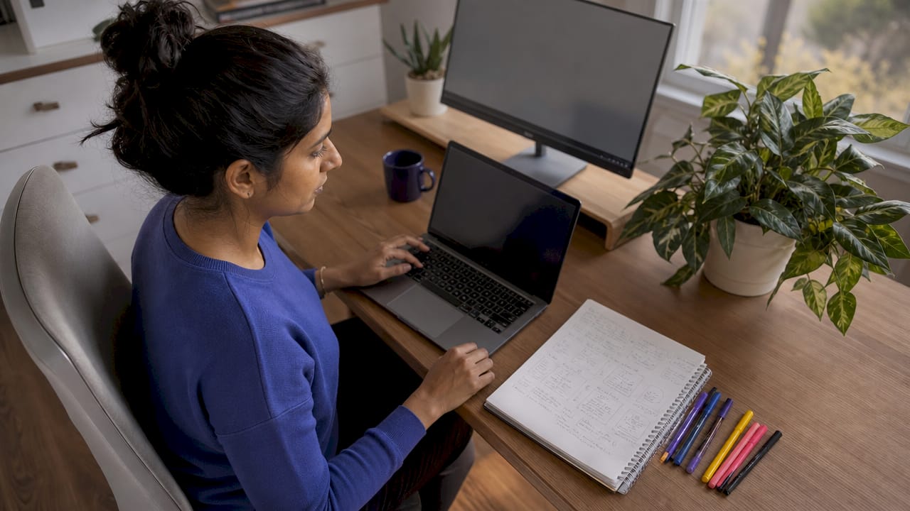 Woman testing chatbot prototype at desk