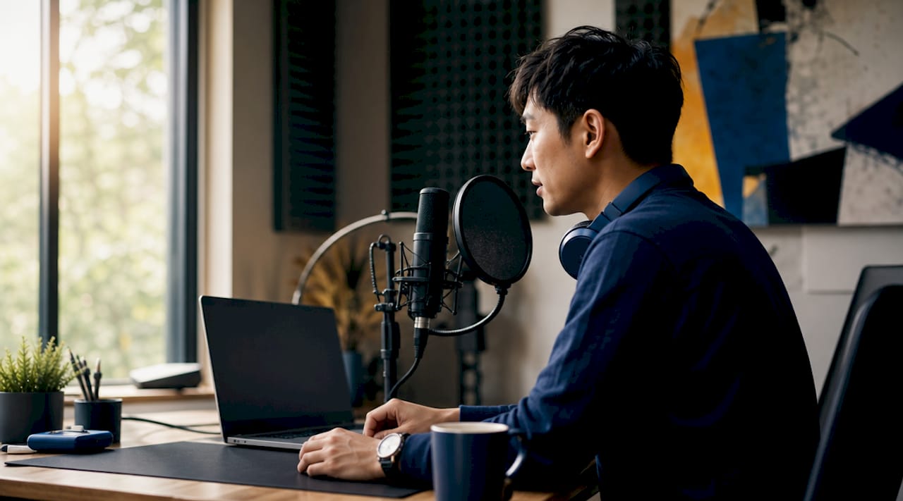 Voice talent working in home recording studio