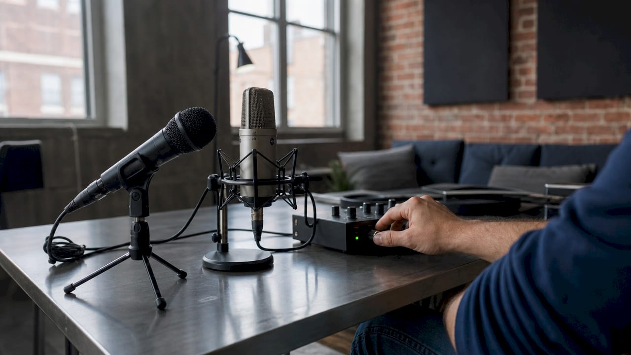 Dynamic and condenser microphones side by side