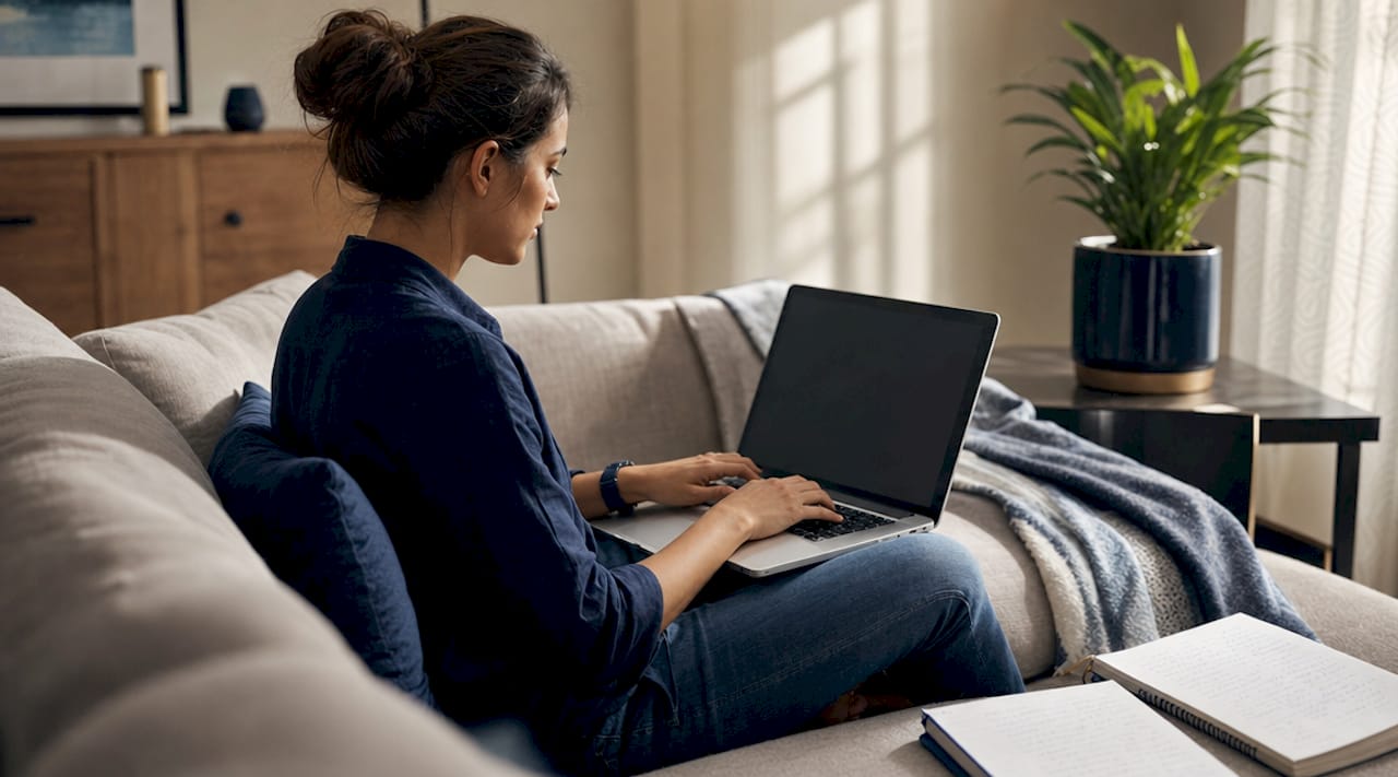 Hands typing brand voice tone examples on laptop