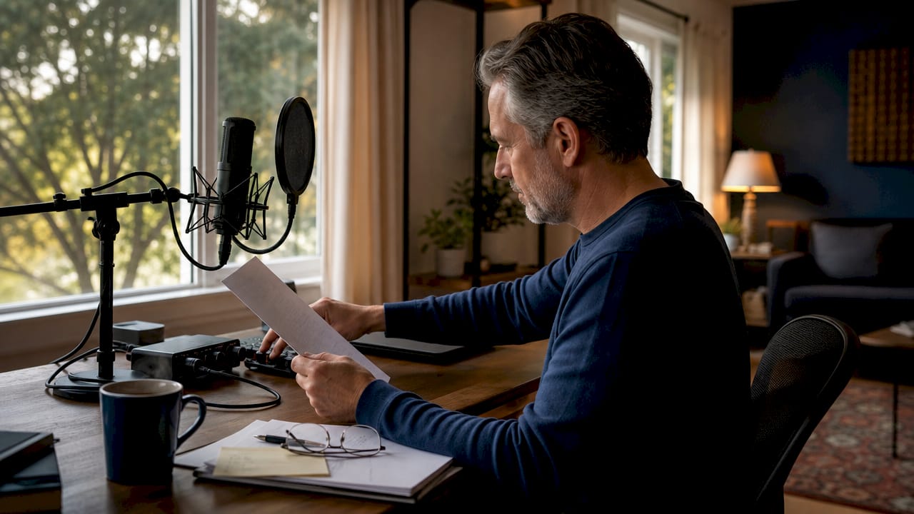 Hands preparing voice scripts with recording gear