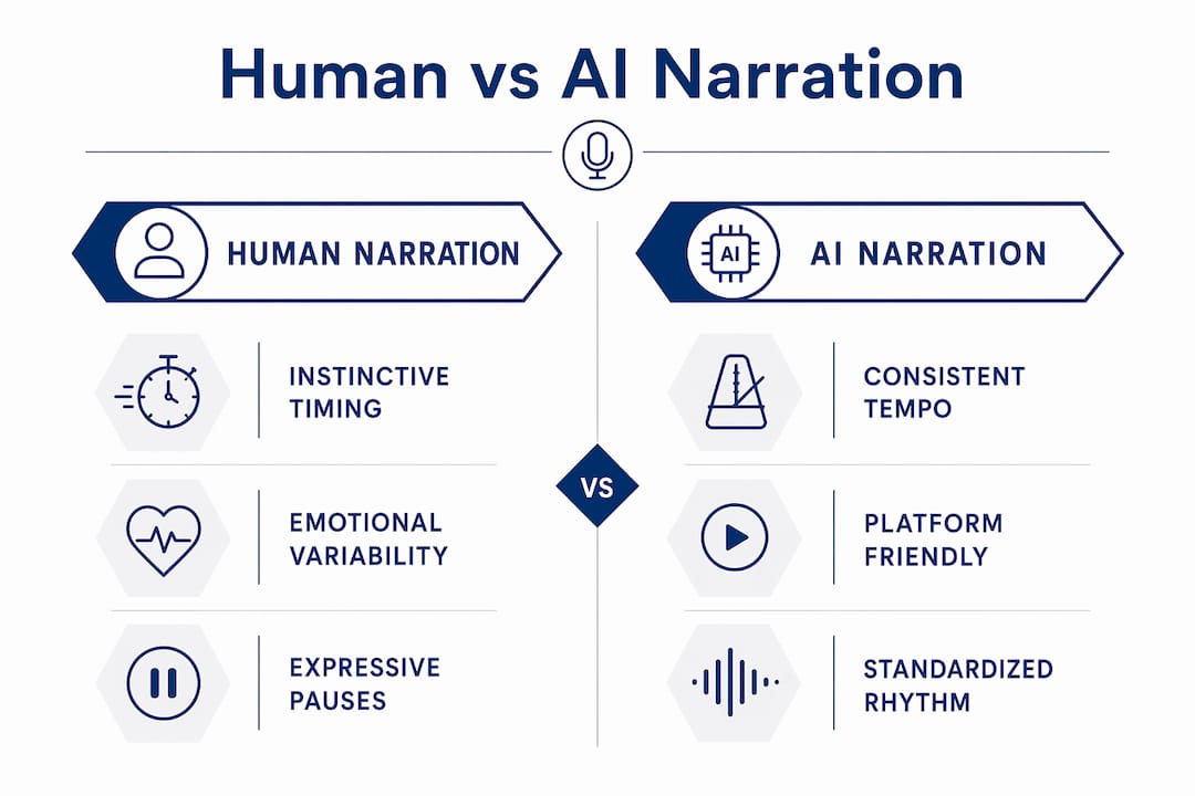 Infographic comparing human and AI narration pacing