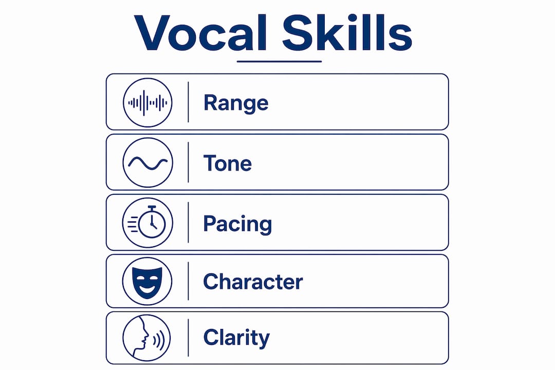 Infographic illustrating key vocal skills for voice talent selection