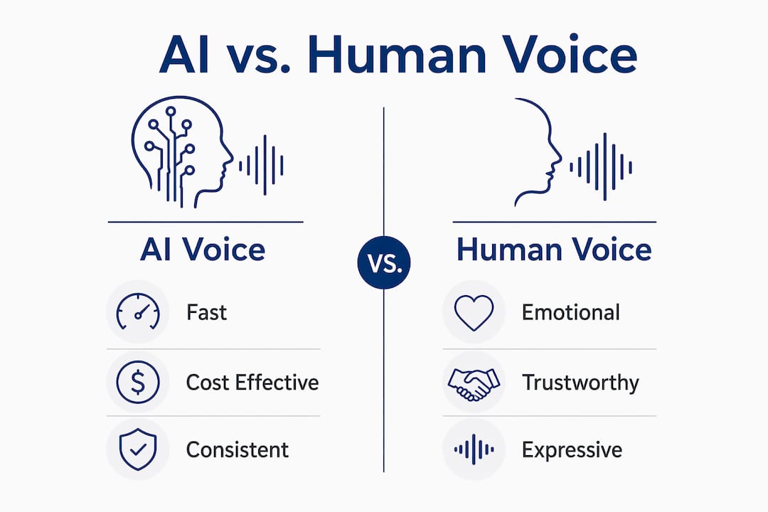 Infographic comparing AI and human voice overs with key attributes