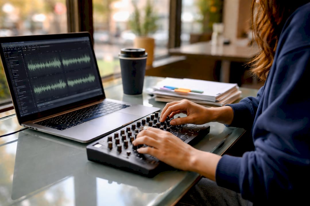 Hands editing audio in home office