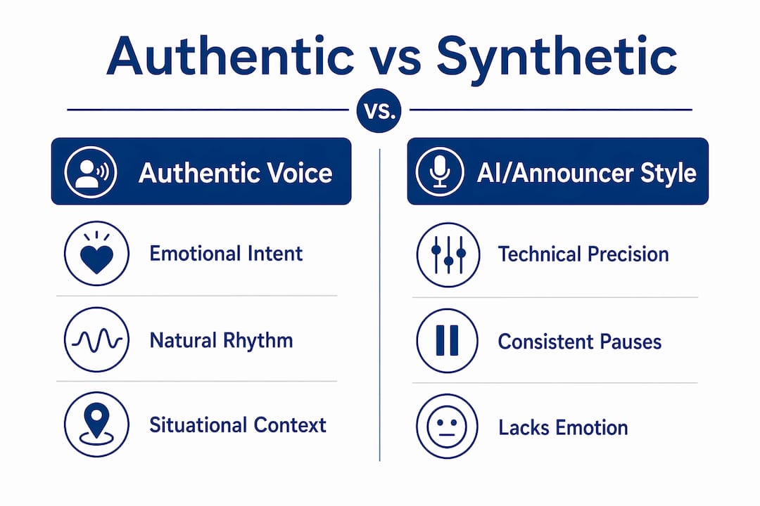 Infographic comparing authentic voice and AI voice styles