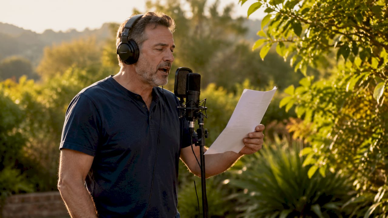 Voice actor recording character voice over in studio