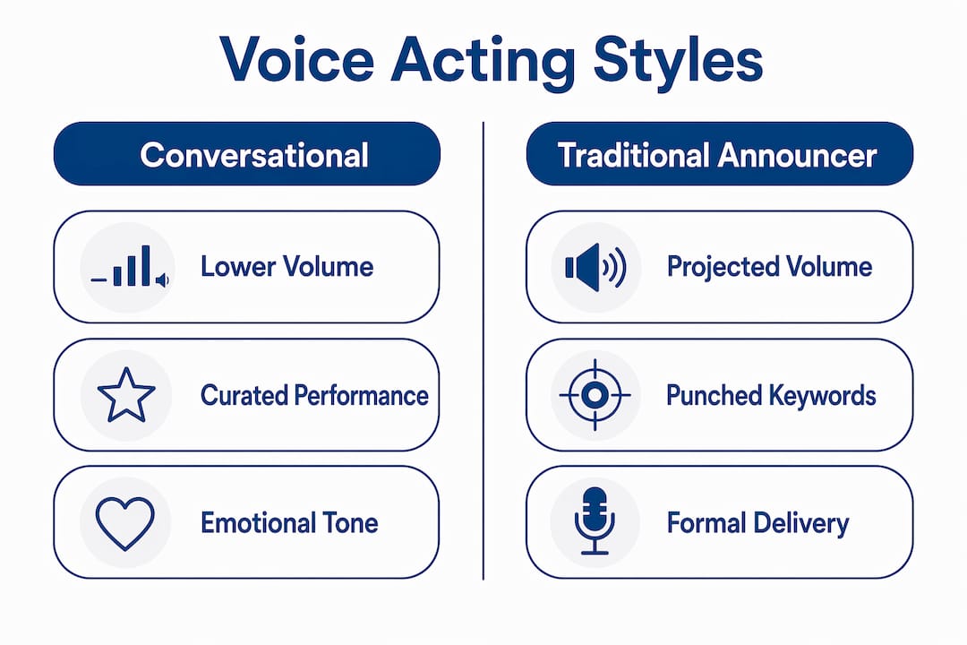 Infographic comparing conversational and traditional announcer voice styles