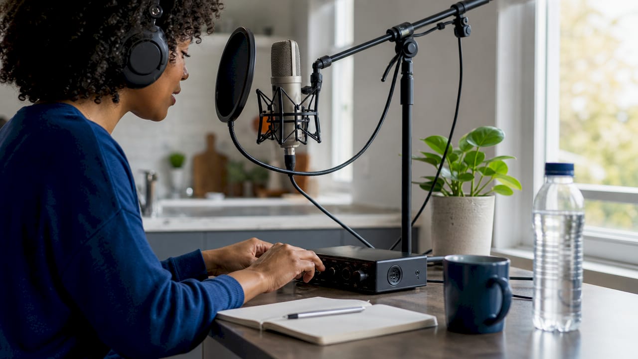 Voice actor adjusting audio hardware setup