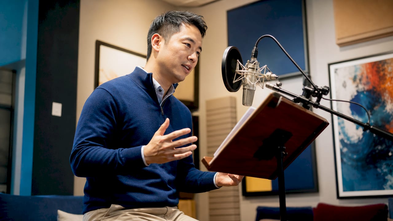 Voice artist recording emotional vocal tone