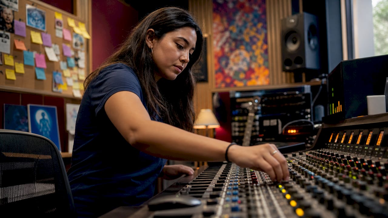 Hands adjusting audio mixer for voice demo