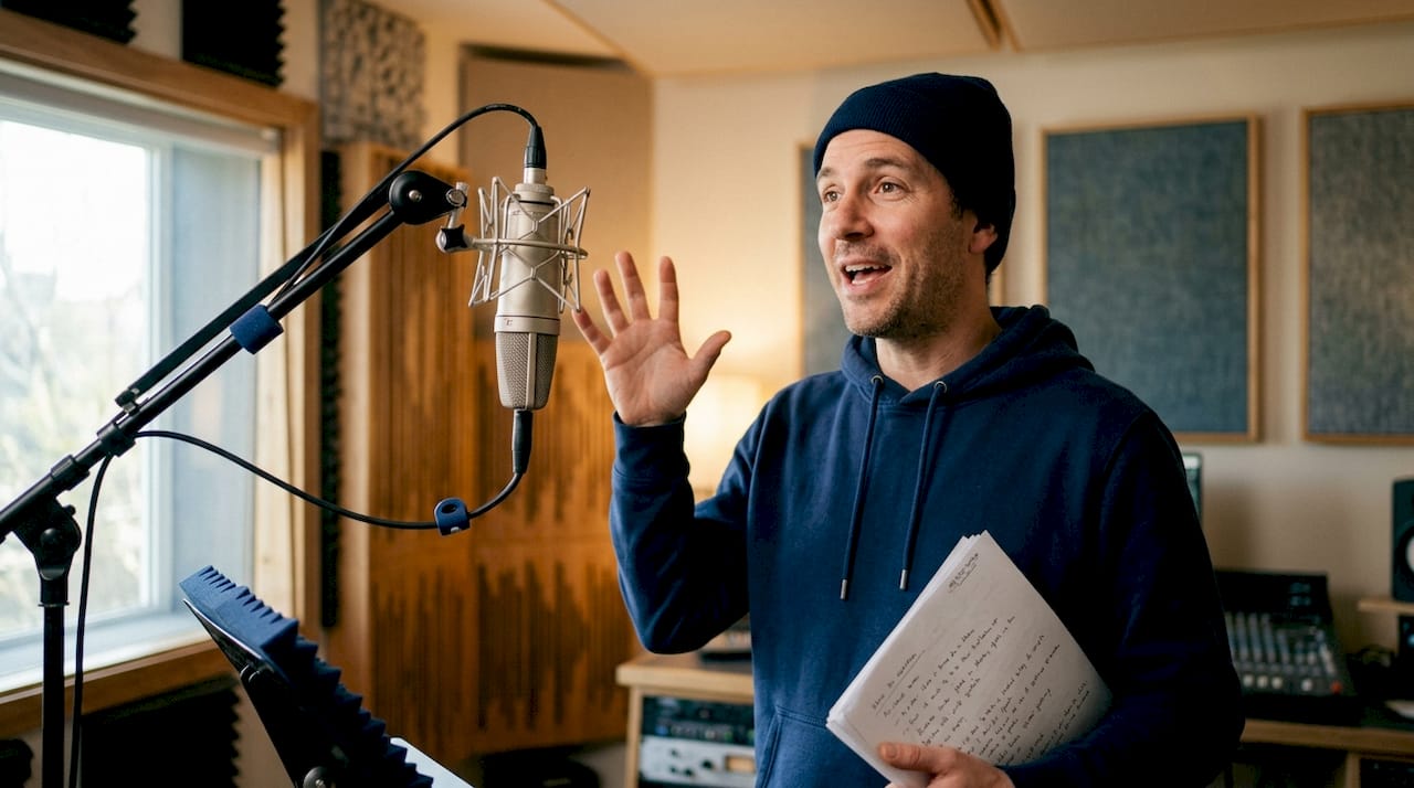 Male voice actor performing narration expressively