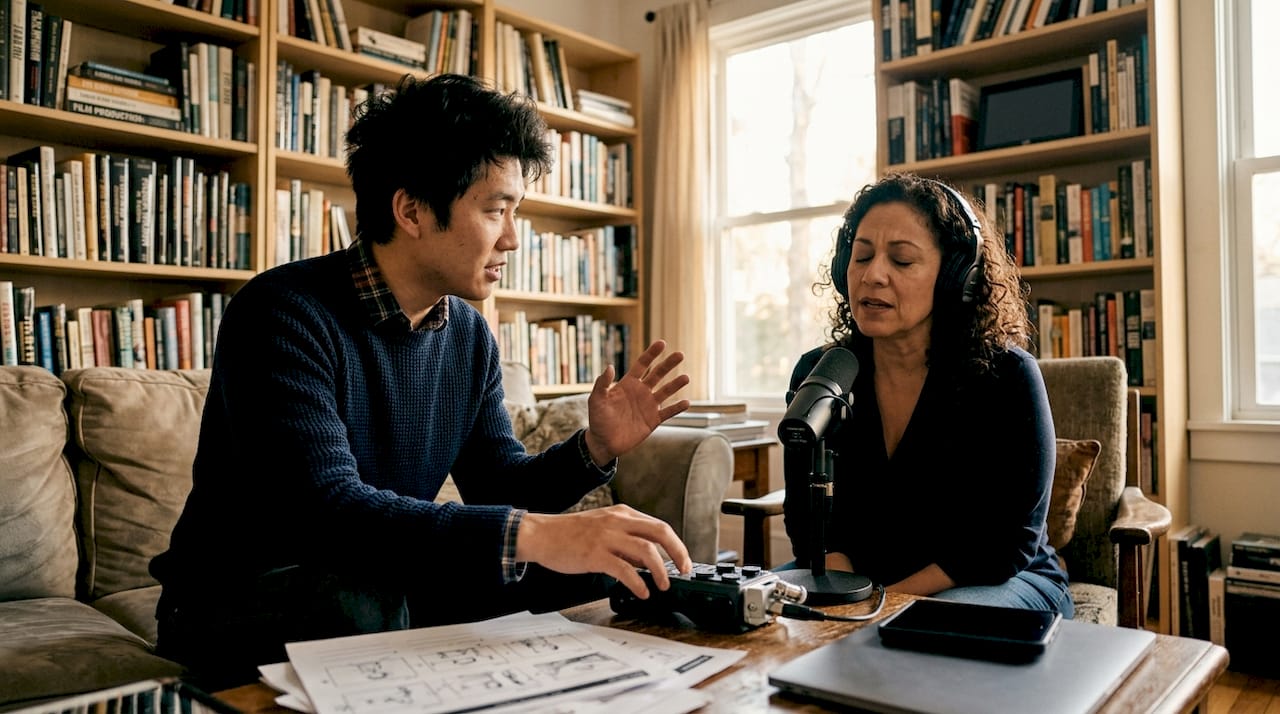 Director guiding voice actor in sound studio