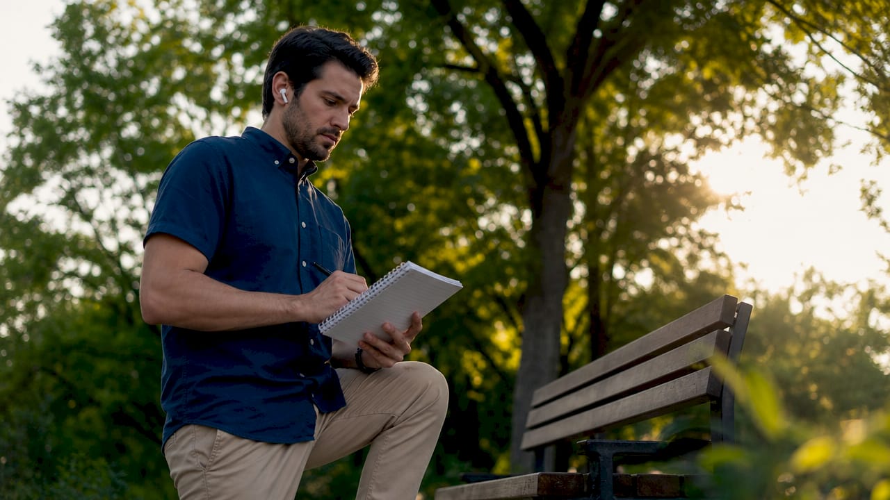 Marketer listening to voice over samples at desk