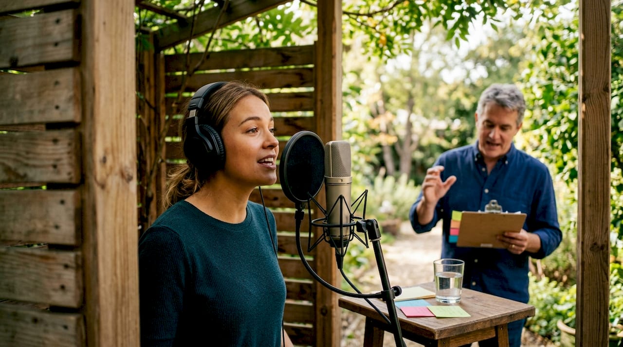 Voice actor and director communicating in recording booth