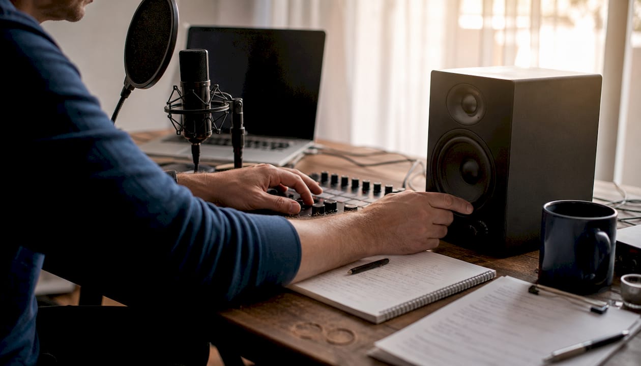 Hands adjusting home studio recording equipment