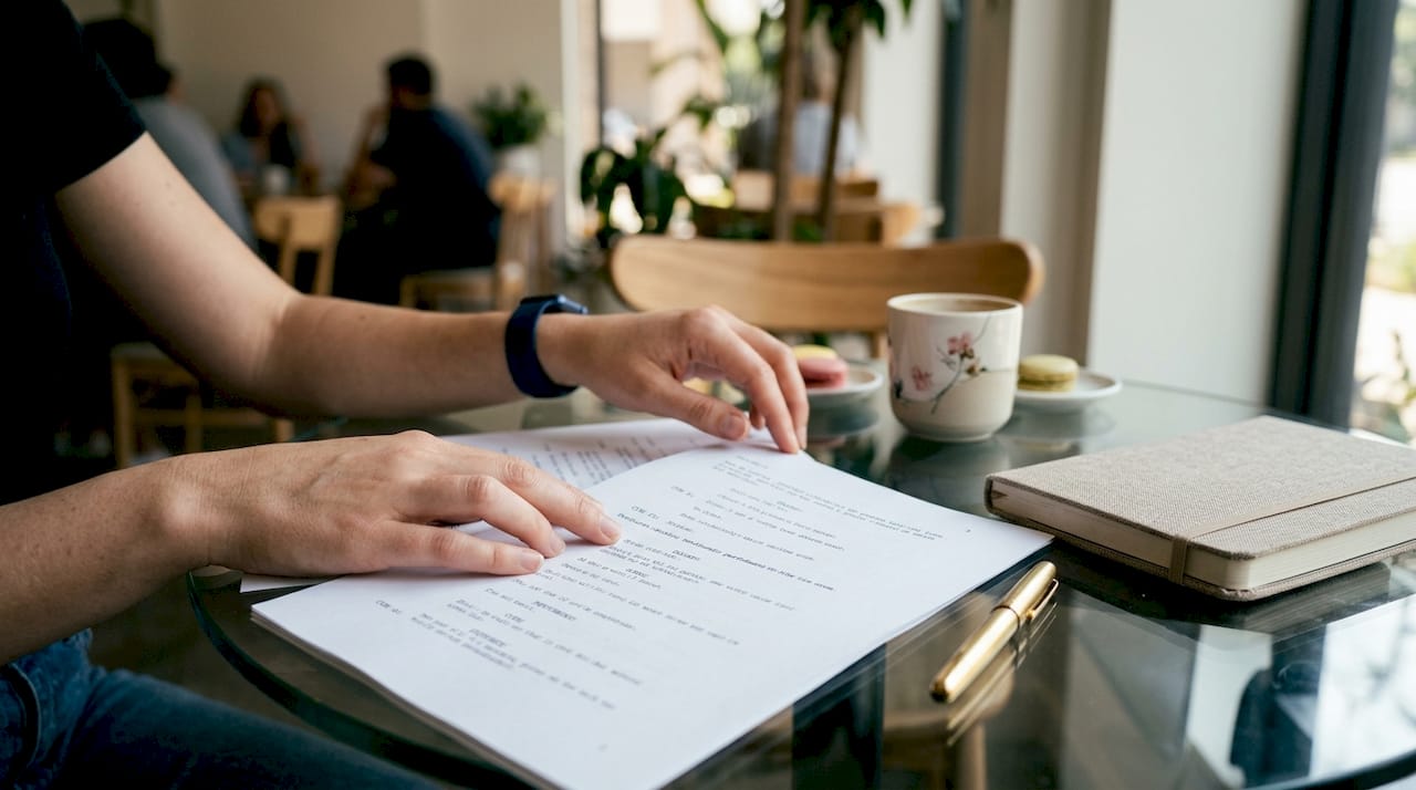 Hands reviewing formatted voice over script on desk