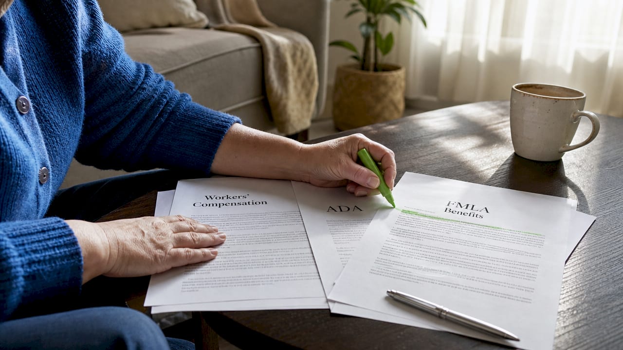 Hands highlighting legal workplace rights documents