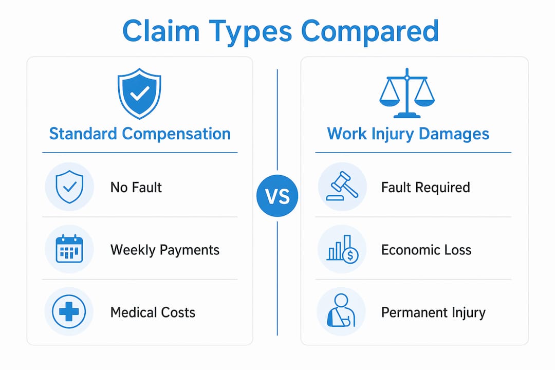 Infographic comparing work injury damages and workers compensation