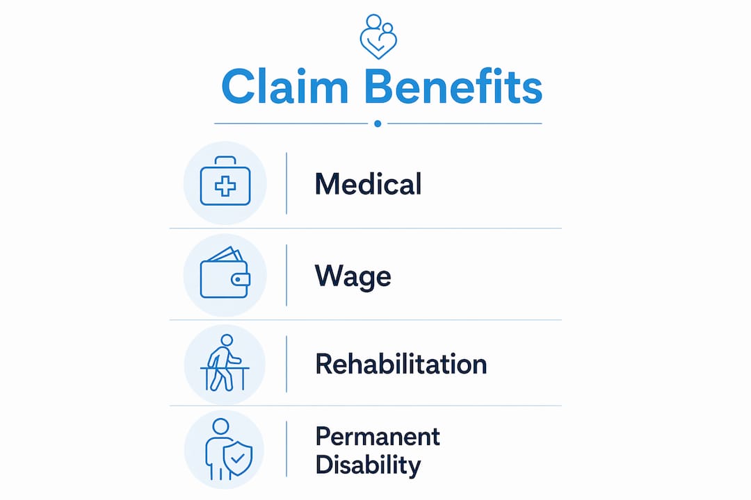 Workers compensation claim explained: 2026 guide 4 Infographic showing main workers compensation claim benefits