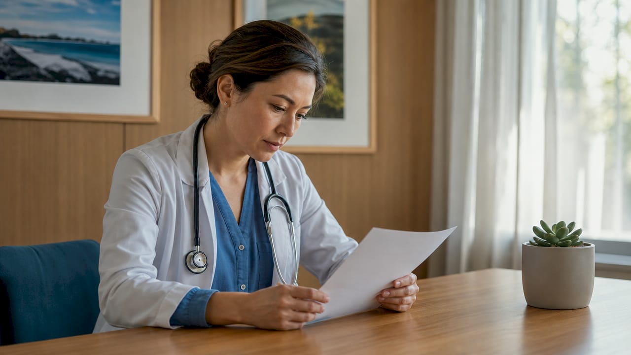 Doctor reviewing work injury certificate in clinic