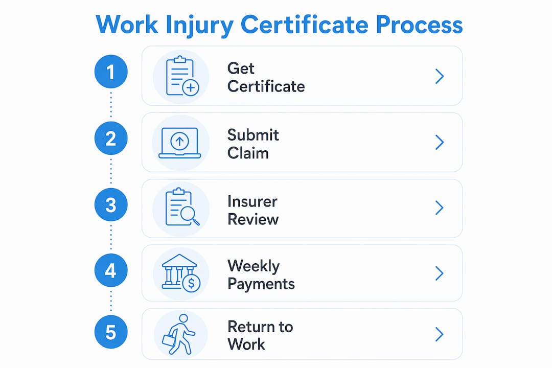 Infographic showing step-by-step work injury certificate process