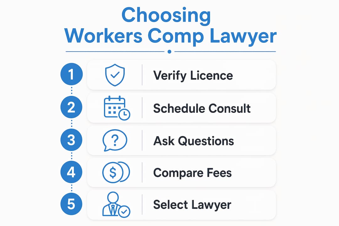 How to choose a workers comp lawyer: your guide 4 Infographic illustrating steps to choose a workers comp lawyer