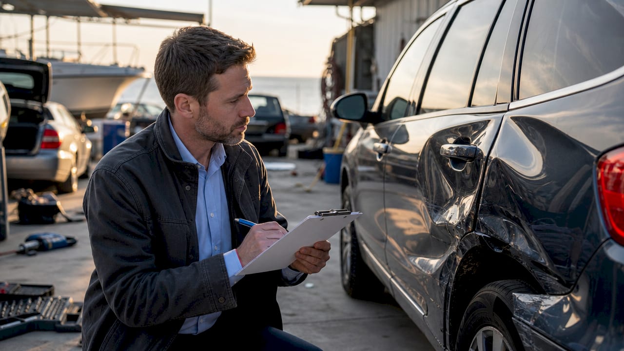 Claims adjuster inspecting car damage at repair shop
